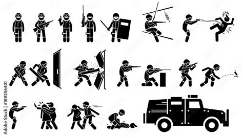 SWAT Special Weapons and Tactics Icons. Stickman pictogram set depicts ...