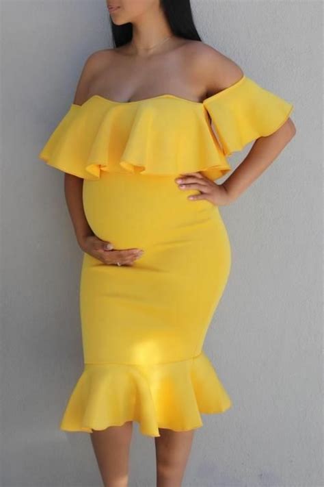 Yellow Short off the shoulder dress in 2021 | Maternity dresses for baby shower, Yellow ...