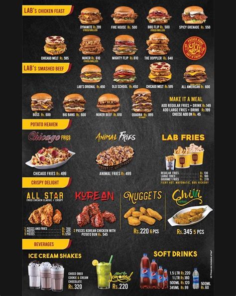 Burger Lab Menu Karachi, Lahore, Peshawar, Sialkot, deals Prices and Rate List