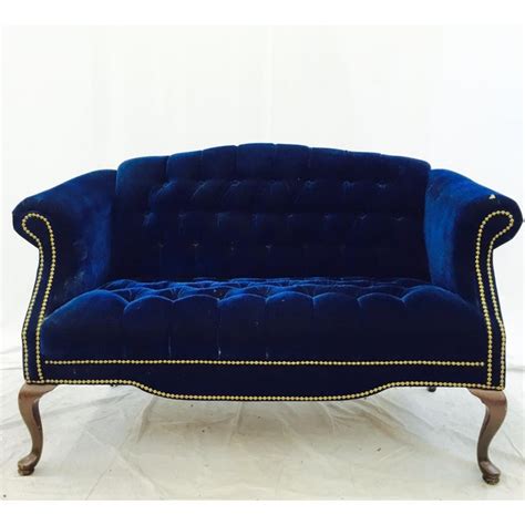 Vintage Navy Blue Tufted Velvet Loveseat | Chairish