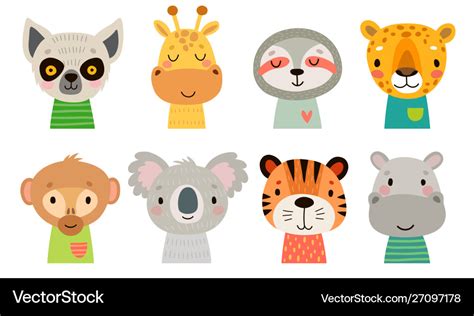 Cute jungle animal faces hand drawn characters Vector Image