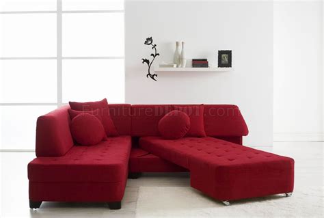 Red Fabric Modern Convertible Sectional Sofa w/Wood Legs