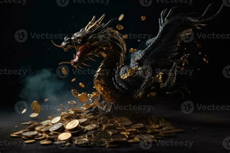 A dragon jumping out of golden coins. A dragon and treasure, piles of ...