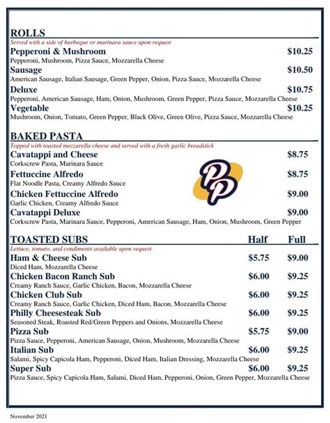 Menu at Patriot Pizza pizzeria, Monroeville