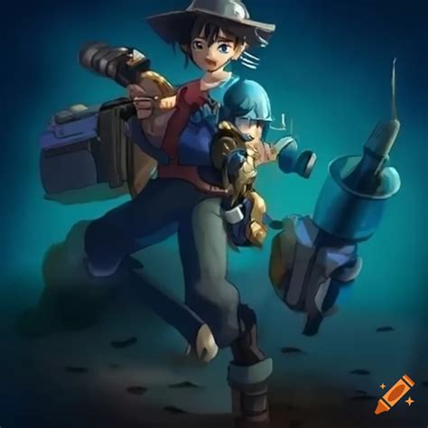 Engineer character with a blue minigun inspired by ni no kuni style on Craiyon