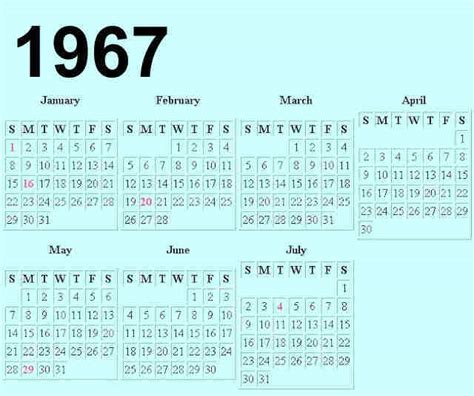 1967 Model Production Year Calendar