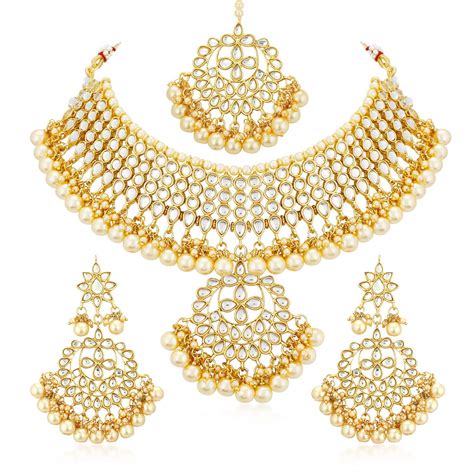 Sukkhi Trendy Kundan Gold Plated Wedding Jewellery Pearl Choker Necklace Set for Women (N73544 ...