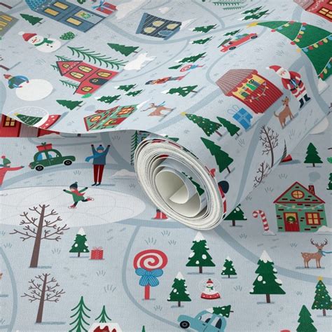 Snowy Christmas Village Map - Small Wallpaper | Spoonflower