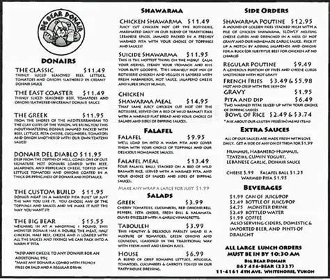 Menu at Big Bear Donair restaurant, Whitehorse