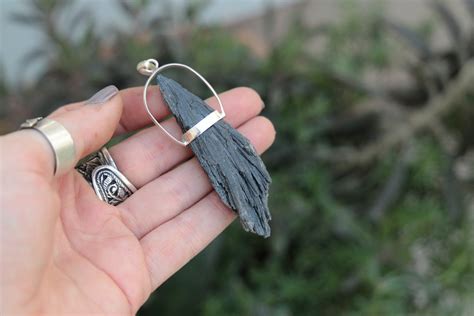 BLACK KYANITE PENDANT - Sterling silver - Kyanite Necklace - Unisex - Raw Crystal - Rough ...