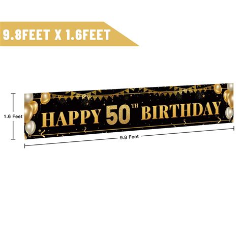 Buy Large Happy 50th Birthday Decoration Banner, Black and Gold Happy 50th Birthday Banner Sign ...