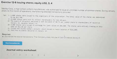 Solved Exercise 12-6 Issuing shares; equity LO2, 3, 4 Westby | Chegg.com