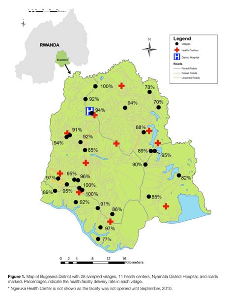 Map of Bugesera District with 28 sampled villages, 11 health centers ...