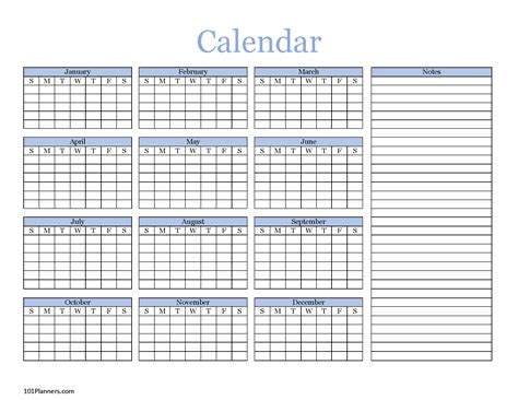 Yearly Blank Calendar | Microsoft Word, Editable PDF and Image Files