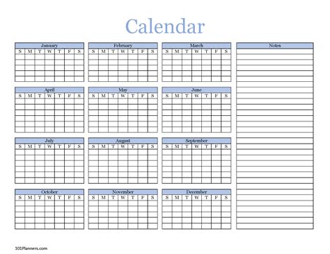 Yearly Blank Calendar | Microsoft Word, Editable PDF and Image Files