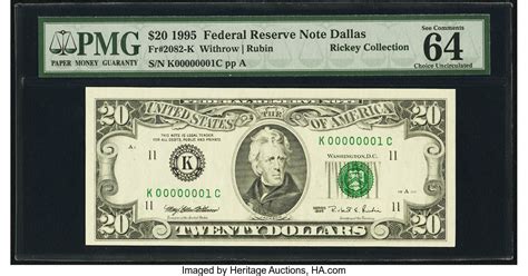 Serial Number 00000001 Fr. 2082-K $20 1995 Federal Reserve Note. | Lot ...