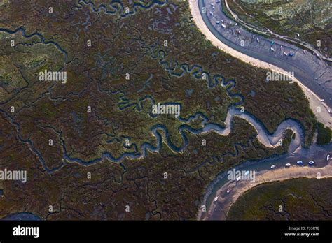 Aerial view of tidal creeks across saltmarsh at Morston Norfolk Stock ...