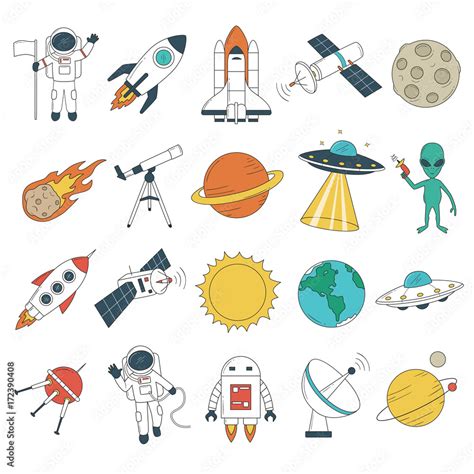 Set of space objects. Spaceship, rockets, planets, astronaut, alien, UFO etc Stock Vector ...