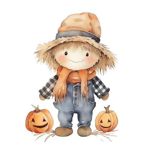 Cute Character Pumpkin Scarecrow Watercolor Illustration For Halloween ...