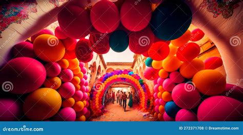 Holi Decorations with Flower Garlands and Balloons Generative AI Stock Illustration ...