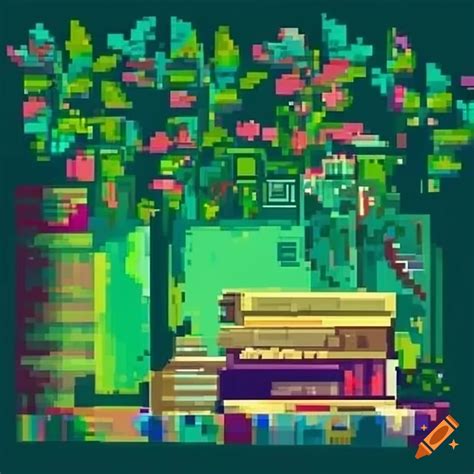 Vibrant pixel art of green plants, vintage books, and a cassette player on Craiyon