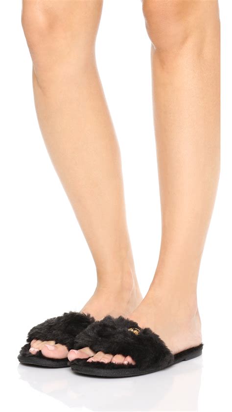 Lyst - Michael Michael Kors Jet Set Faux Fur Slide Slippers - Black in ...