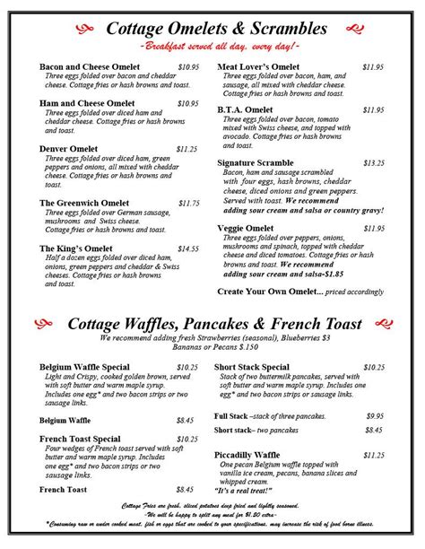 Menu at Cottage Cafe, Spokane Valley