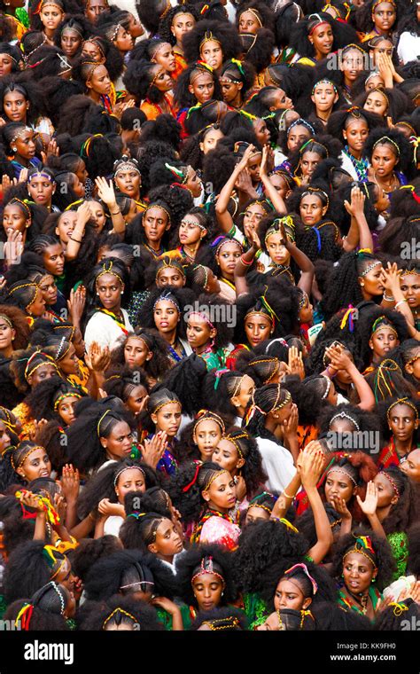 Crowd of women with Tigray style braided hair at Ashenda Festival ...