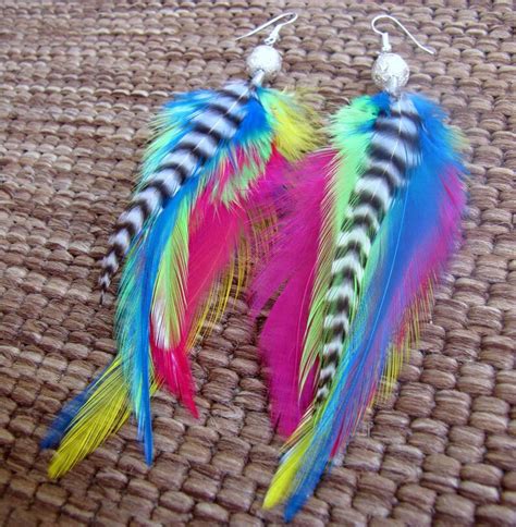 Rainbow Feather Earrings Colorful Beaded Neon Feather | Etsy