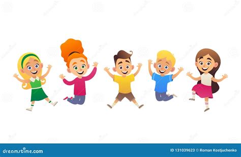 Vector Illustration of Funny Cartoon Children Jumping and Having Fun ...