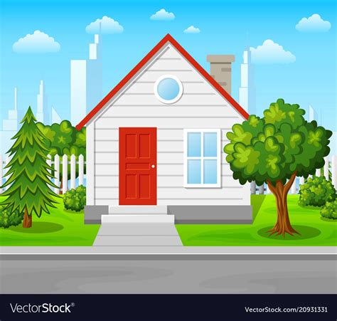 Suburban house with trees and city background Vector Image