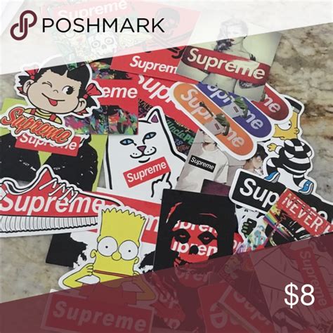 various stickers and decals are displayed on a table with the words supreme $ 8 99