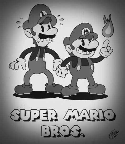 Super Mario Bros. X Cuphead (Black & White) Cartoon Style Drawing ...