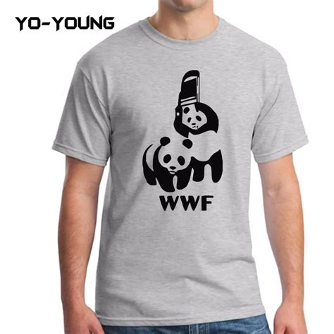 Men T Shirts Funny Spoof Logo WWF Panda Design Printed 100% 180 gsm Combed Cotton Casual Summer ...