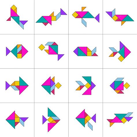 Tangram puzzle. Zestaw ryb Tangram. Puzzle dla dzieci. Wektor zestaw ...