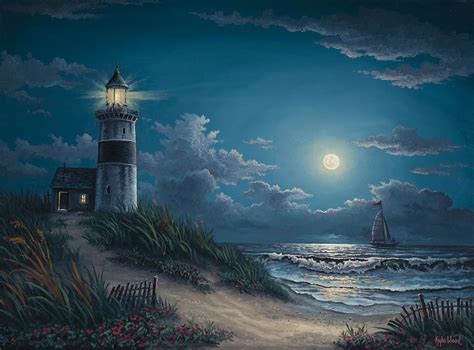 Night Watch by Kyle Wood | Lighthouse painting, Lighthouse art, Night scene painting