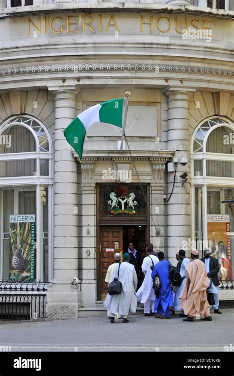 The Nigerian Embassy in London with National flag flying and entrance ...