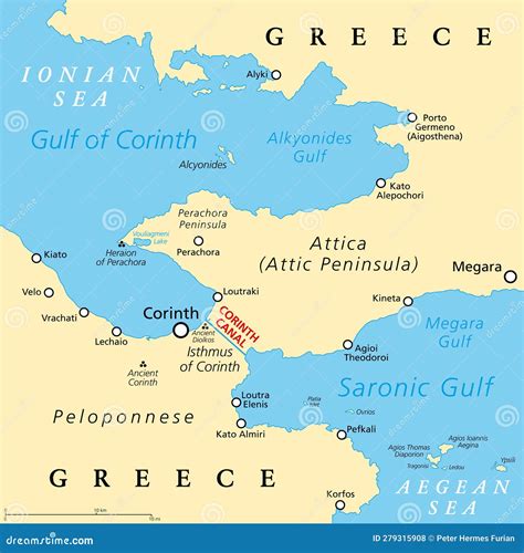 Corinth Canal, Artificial Waterway in Greece, Political Map Stock ...