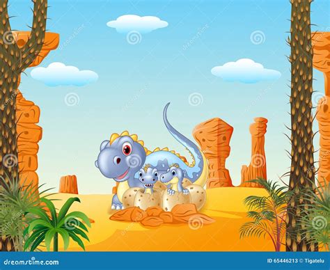 Cartoon Mom Dinosaur and Baby Dinosaurs Hatching Stock Vector - Illustration of nest, desert ...