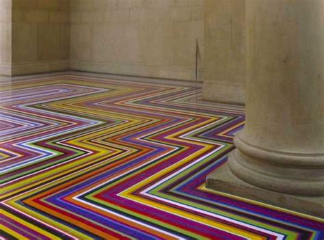 Modern Floor Decoration with Tape Strips Creating Cool Rainbow Design