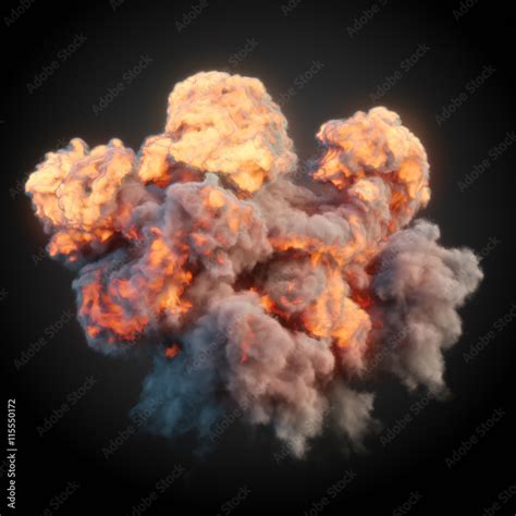 Large explosion with black smoke in dark 3d rendering Stock Photo ...