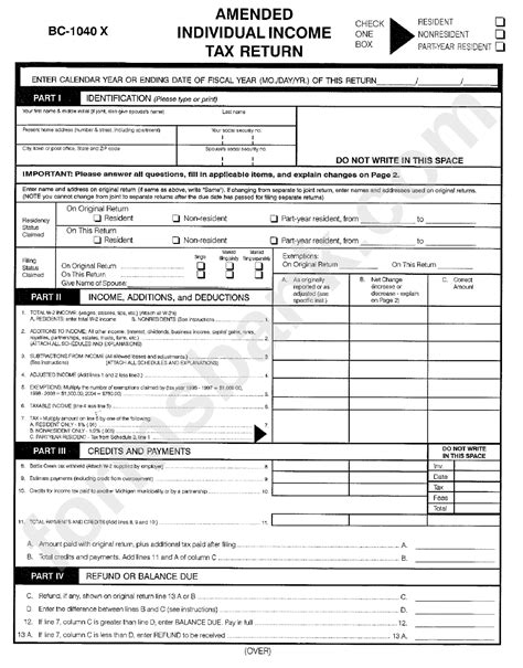 Form Bc-1040-X - Amended Individual Income Tax Return printable pdf ...