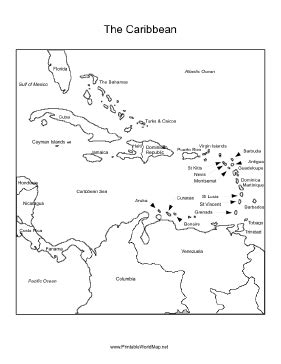 A printable map of the Caribbean Sea region labeled with the names of each location, including ...