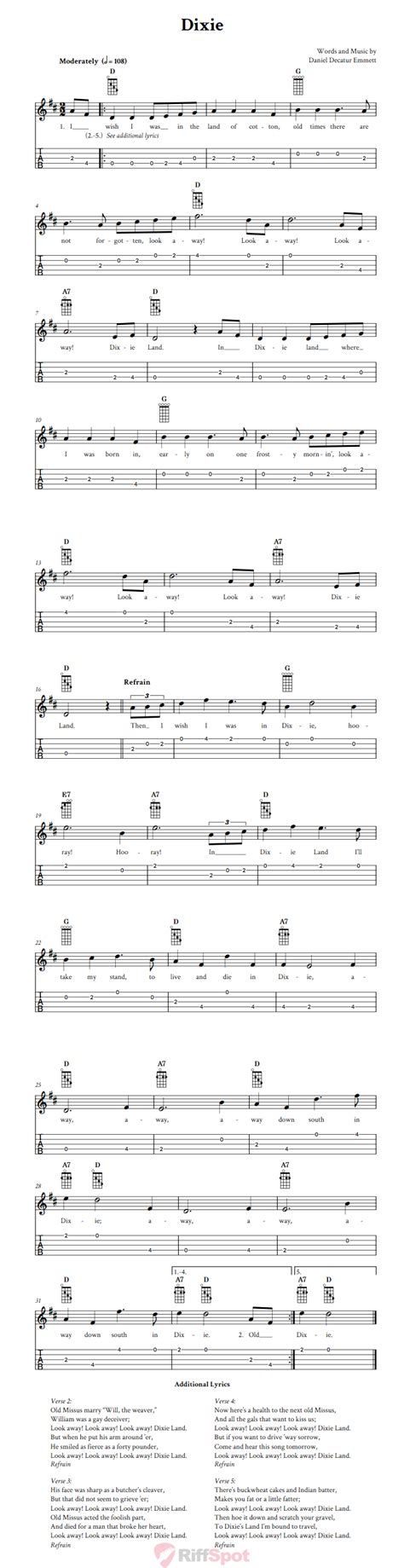 Dixie: Chords, Sheet Music, and Tab for Banjo with Lyrics