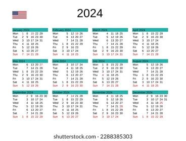 calendario del año 2024 en inglés: ilustración de stock 2288385303 ...