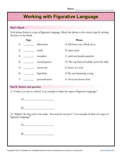 Working with Figurative Language | Worksheet | Language worksheets, Figurative language ...