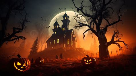 3d Haunted Castle Spooky Trees And Pumpkin Halloween Background, Halloween Castle, Halloween Bat ...