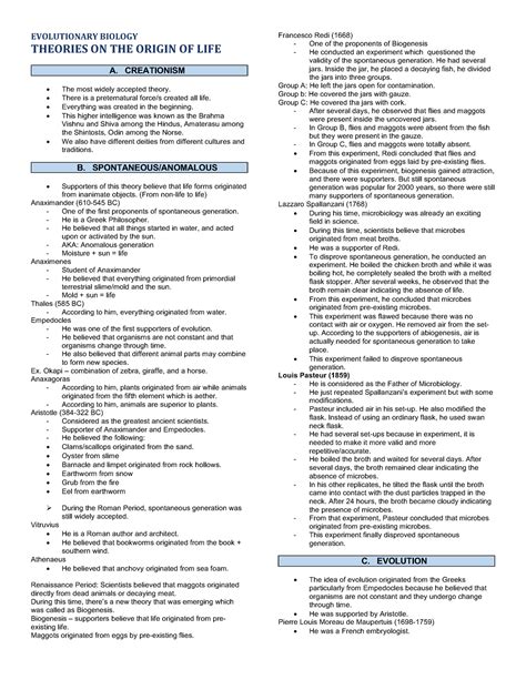 LEC 3 - Theories ON THE Origin OF LIFE - EVOLUTIONARY BIOLOGY THEORIES ON THE ORIGIN OF LIFE A ...