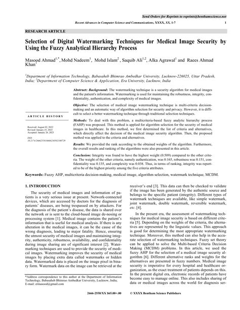 (PDF) Selection of Digital Watermarking Techniques for Medical Image Security by Using the Fuzzy ...