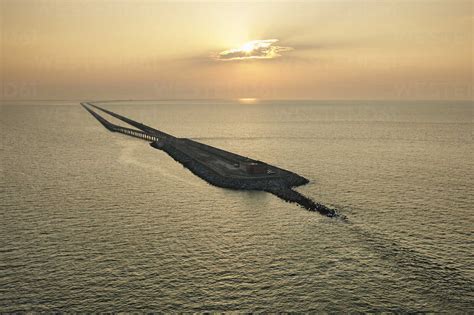 USA, Aerial photograph of the Chesapeake Bay Bridge Tunnel at sunrise stock photo